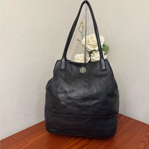 Tory Burch Black Pebbled Leather Tote with Logo Medallion